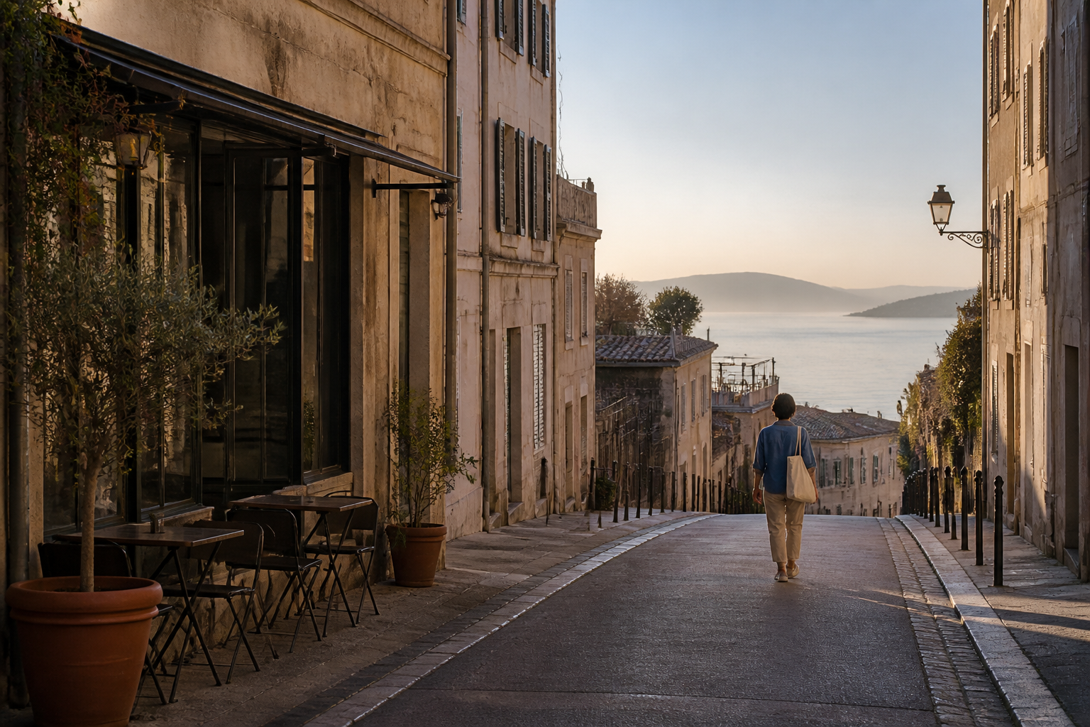 A quiet coastal city street leading towards the sea with a person walking in the distance