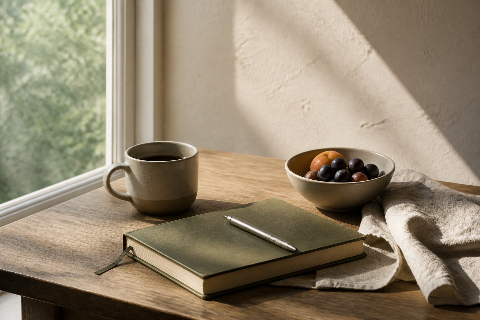 Coffee, a notebook, fruit and a linen napkin in warm morning light