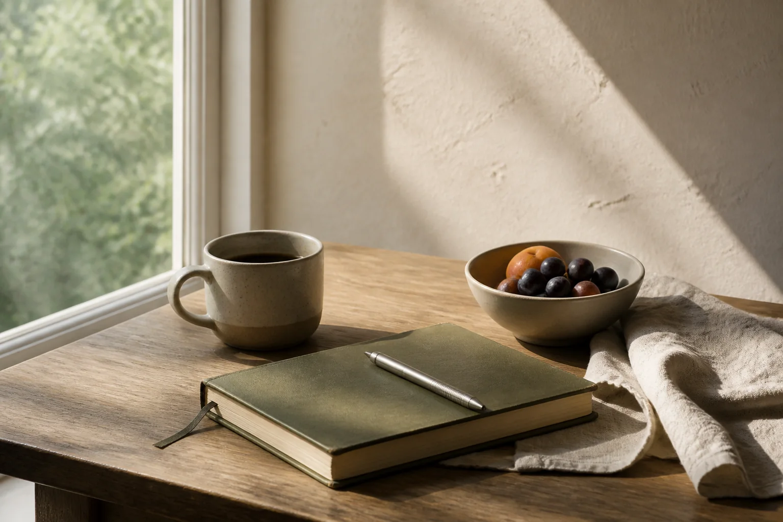 Coffee, a notebook, fruit and a linen napkin in warm morning light