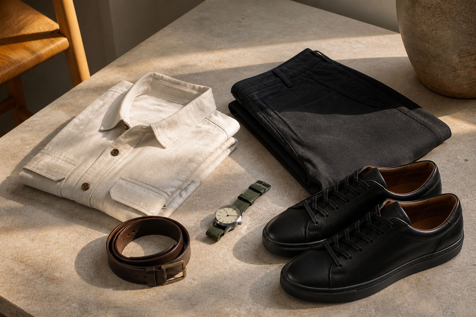 A cream overshirt, dark trousers, black trainers and an understated watch on a stone table