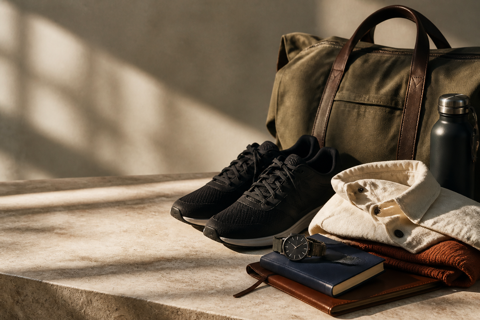 A canvas travel bag, running shoes, a watch and folded clothing arranged in warm afternoon light