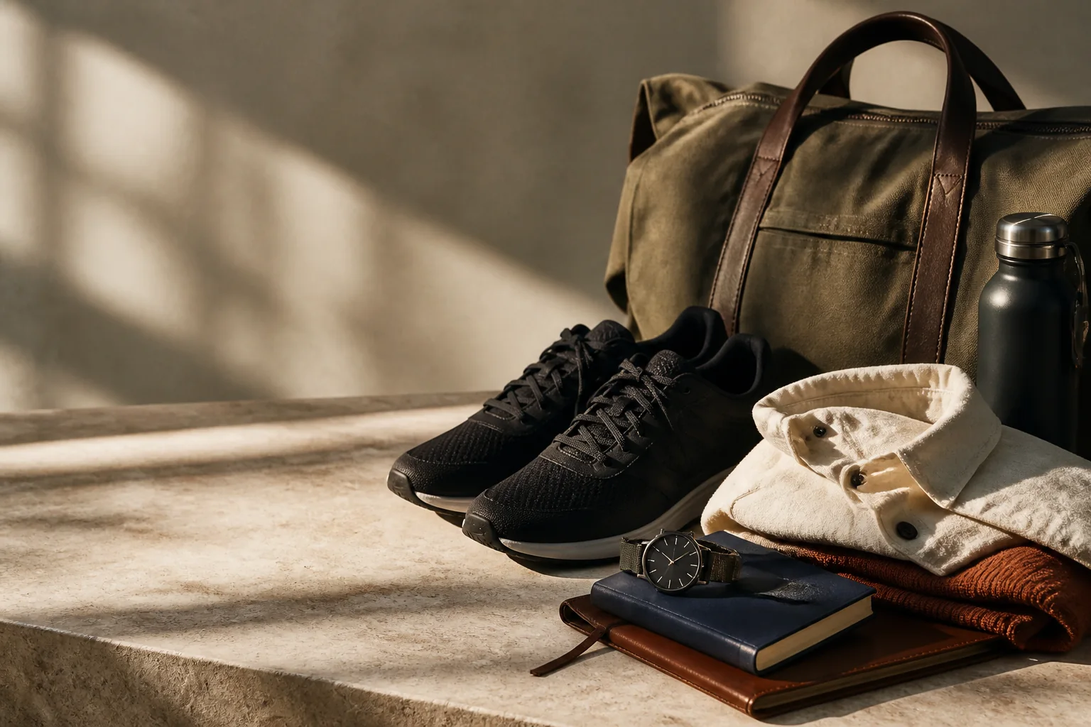 Black running shoes and a watch beside a canvas travel bag in warm light